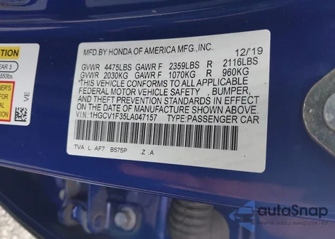 2020 Honda Accord Sport from USA, damaged, VIN 1HGCV1F35LA047157